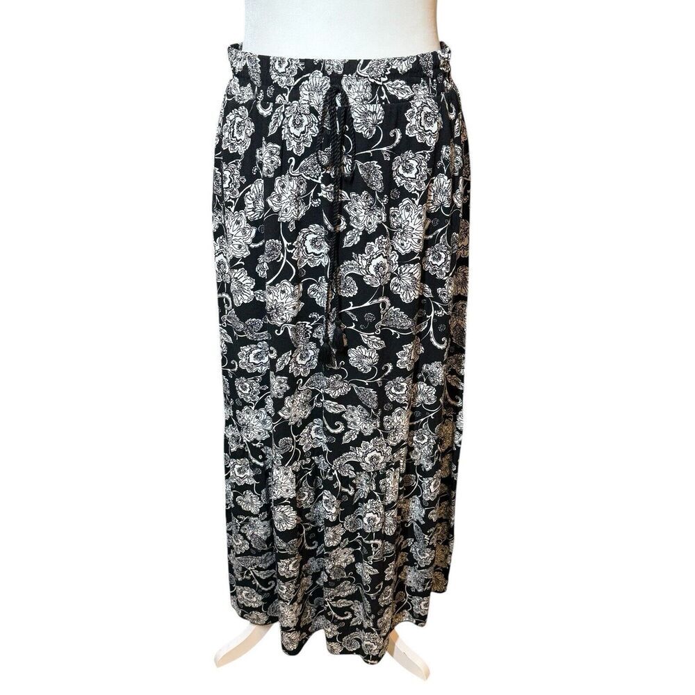 See You‎ Monday Maxi Skirt Large Black White Floral Print Lined Rayon Casual